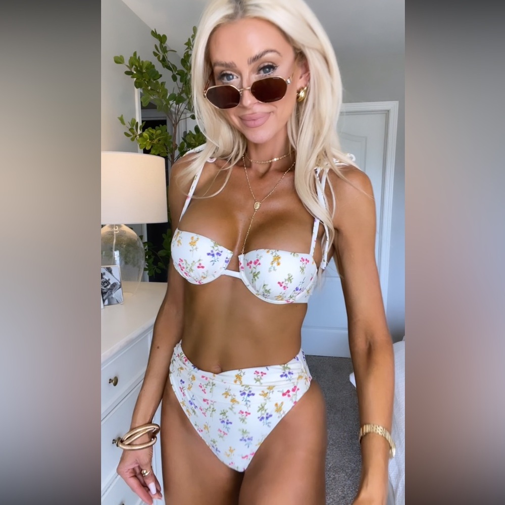 White Floral High-Waist Bikini Set